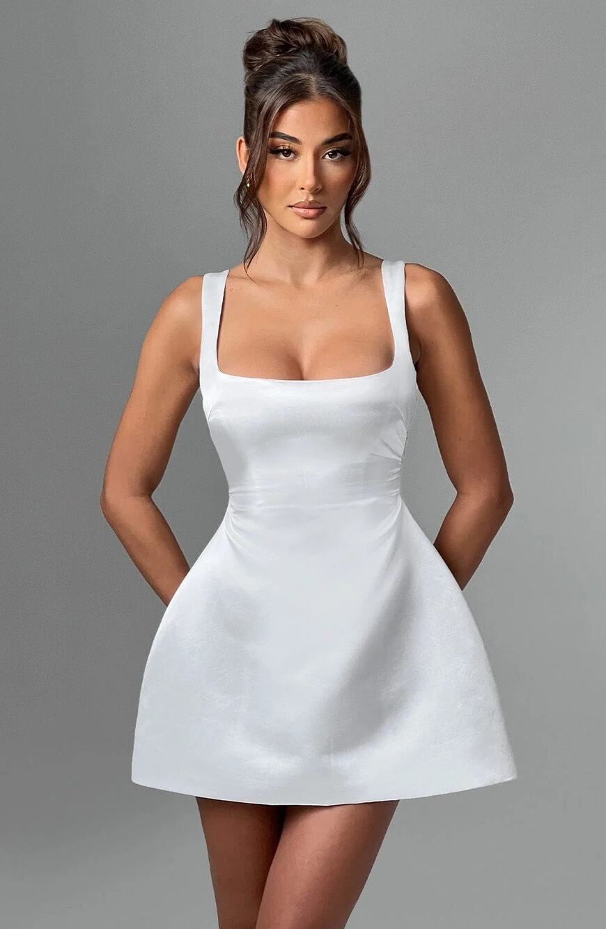 NWT Babyboo Sofie Ivory Satin Square Neck Fit & Flare Mini Dress Womens Size XS